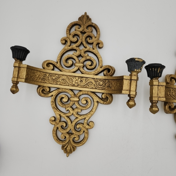 Vintage Mid Century 1969 Dart Gold Gilded Scroll Candle Holders Wall Sconces - Picture 5 of 15